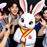 **Image:** A cheerful cartoon rabbit character (Kongji Rabbit) surrounded by a diverse group of fans creating fan art (drawing, painting), fan fiction (writing), and cosplay (dressing up as characters). The scene should convey a sense of community and creative expression within a fandom. Background elements should hint at Korean culture.