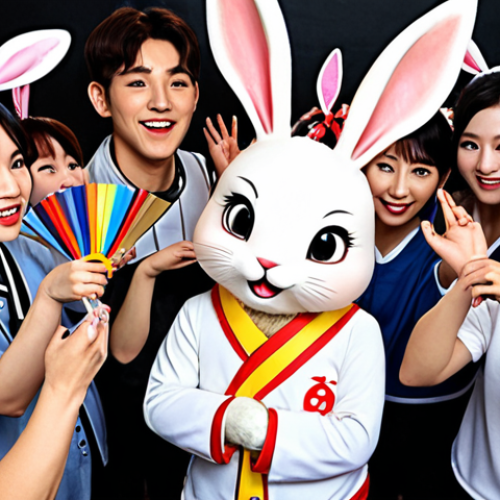 Home 4 **Image:** A cheerful cartoon rabbit character (Kongji Rabbit) surrounded by a diverse group of fans creating fan art (drawing, painting), fan fiction (writing), and cosplay (dressing up as characters). The scene should convey a sense of community and creative expression within a fandom. Background elements should hint at Korean culture.