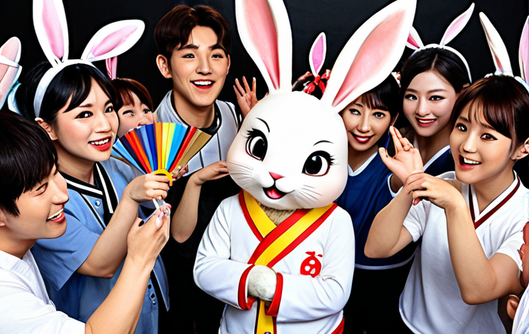 **Image:** A cheerful cartoon rabbit character (Kongji Rabbit) surrounded by a diverse group of fans creating fan art (drawing, painting), fan fiction (writing), and cosplay (dressing up as characters). The scene should convey a sense of community and creative expression within a fandom. Background elements should hint at Korean culture.